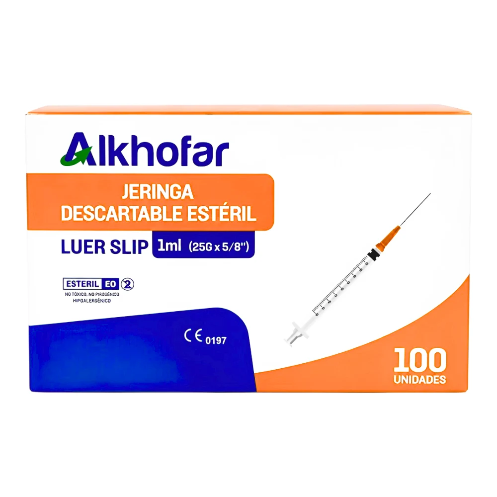 Alkhofar® Jeringa Estéril 1ml Aguja 25G 58 (1 Paq. 100 Unid.)