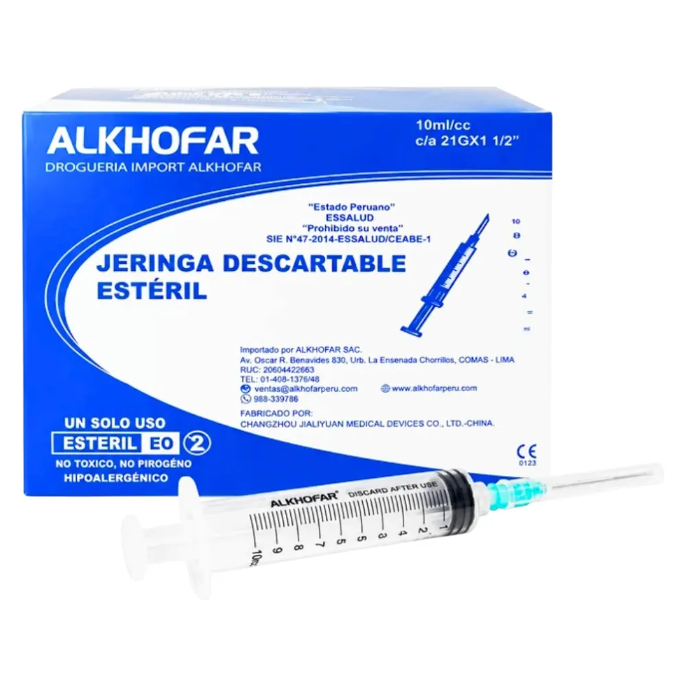 Alkhofar® Jeringa Estéril De 10ml Con Aguja 21G 1/2 (1 Paq. 100 Unid.)
