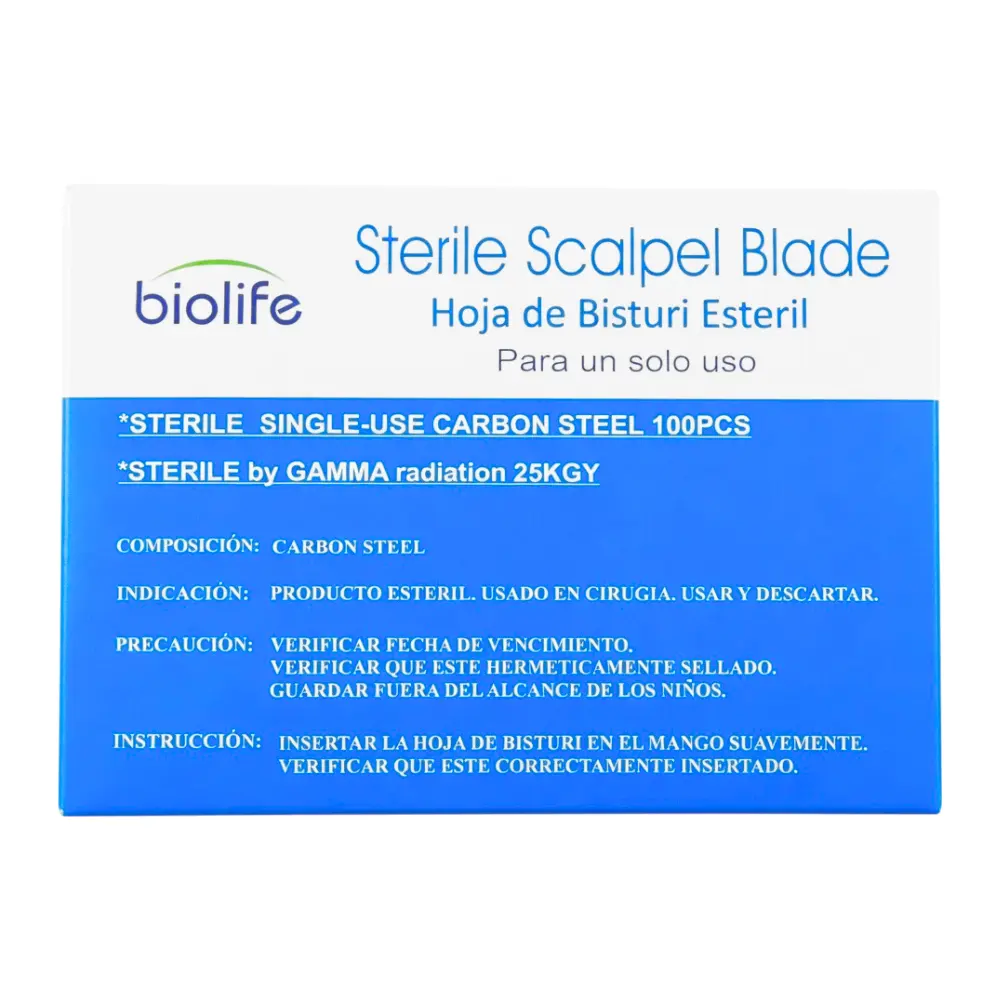 Biolife® Hoja De Bisturí Estéril De Acero Fina (1 Paq. 100 Unid.)