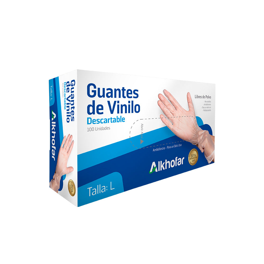 Guantes De Vinilo Alkhofar® Sin Polvo Talla L (4 Cajas 400 Unid.) Guantes De Vinilo Alkhofar® Sin Polvo Talla L (4 Cajas 400 Unid.)