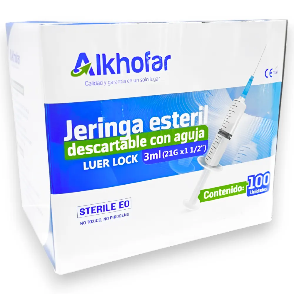 Jeringa Alkhofar® 3Ml 21G X 1 1/2 Luer Lock (2 Cajas 200 Unid.)